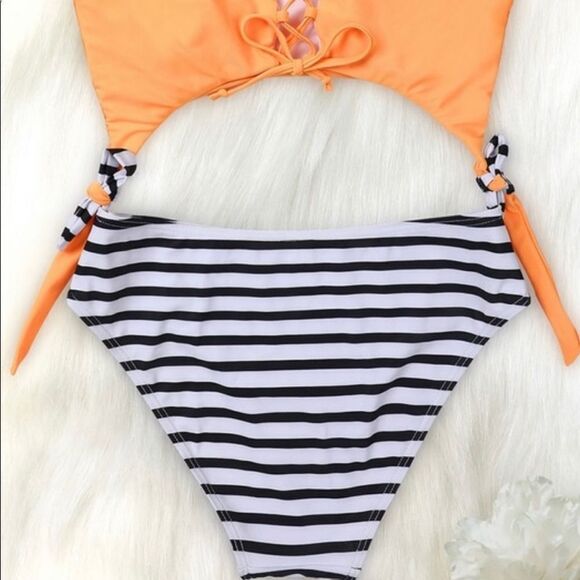 New! Vibrant Orange Stipe Bottom Bikini Or One Piece Tie Bow Sides Swimsuit - Picture 5 of 8